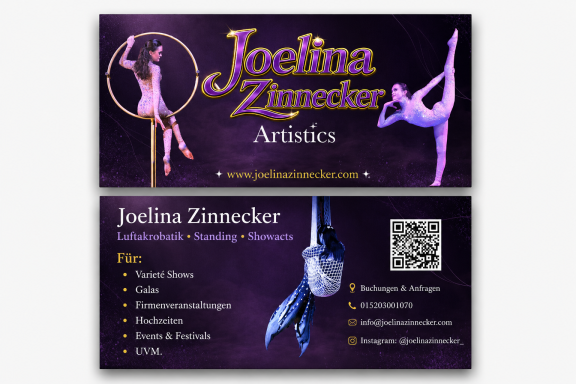 Visitenkarte von Joelina Zunstecker, Artistin, mit Kontaktdaten und QR-Code.