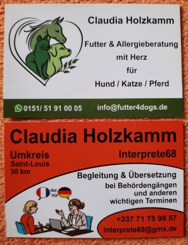 Visitenkarten von Claudia Holzkamm mit Informationen zu Haustier- und Dolmetschdiensten.